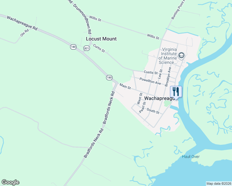 map of restaurants, bars, coffee shops, grocery stores, and more near South Bridge Road in Melfa