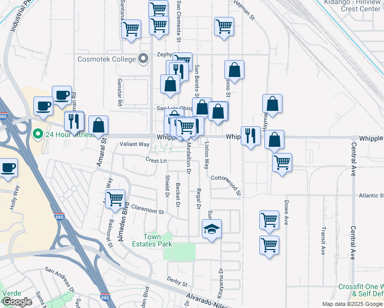map of restaurants, bars, coffee shops, grocery stores, and more near 2501 Medallion Drive in Union City