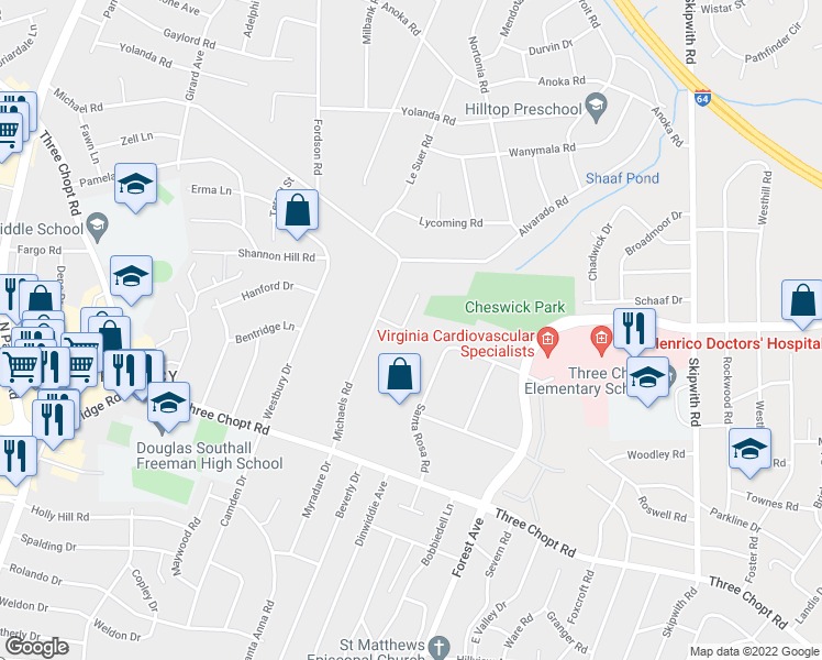 map of restaurants, bars, coffee shops, grocery stores, and more near 1701 Ranch Drive in Richmond