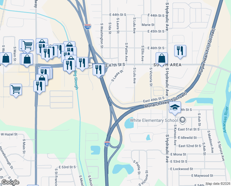 map of restaurants, bars, coffee shops, grocery stores, and more near 4950 South Laura Street in Wichita