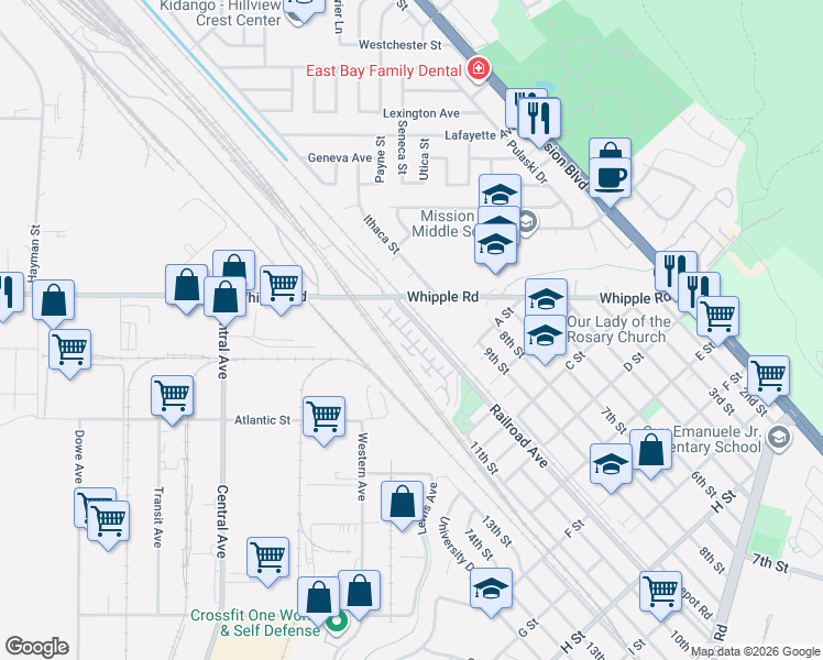map of restaurants, bars, coffee shops, grocery stores, and more near 1036 Montoya Terrace in Union City