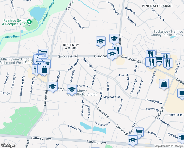 map of restaurants, bars, coffee shops, grocery stores, and more near 9404 Camrose Road in Richmond