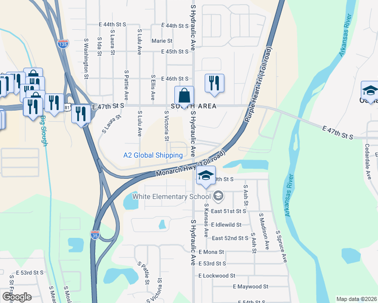 map of restaurants, bars, coffee shops, grocery stores, and more near 4962-4998 South Hydraulic Street in Wichita