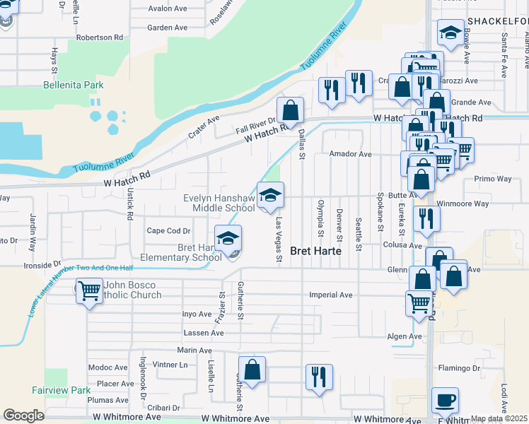 map of restaurants, bars, coffee shops, grocery stores, and more near 1725 Las Vegas Street in Modesto