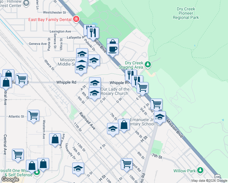 map of restaurants, bars, coffee shops, grocery stores, and more near 33322 4th Street in Union City