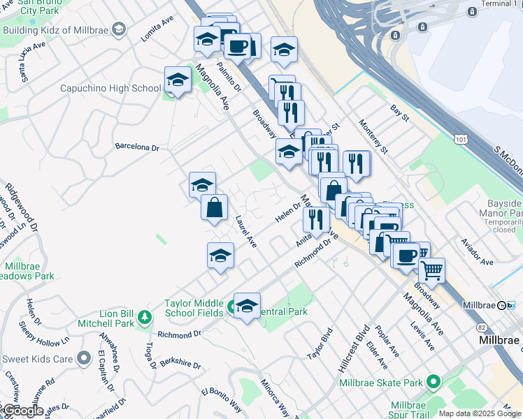 map of restaurants, bars, coffee shops, grocery stores, and more near 8 Shamrock Court in Millbrae