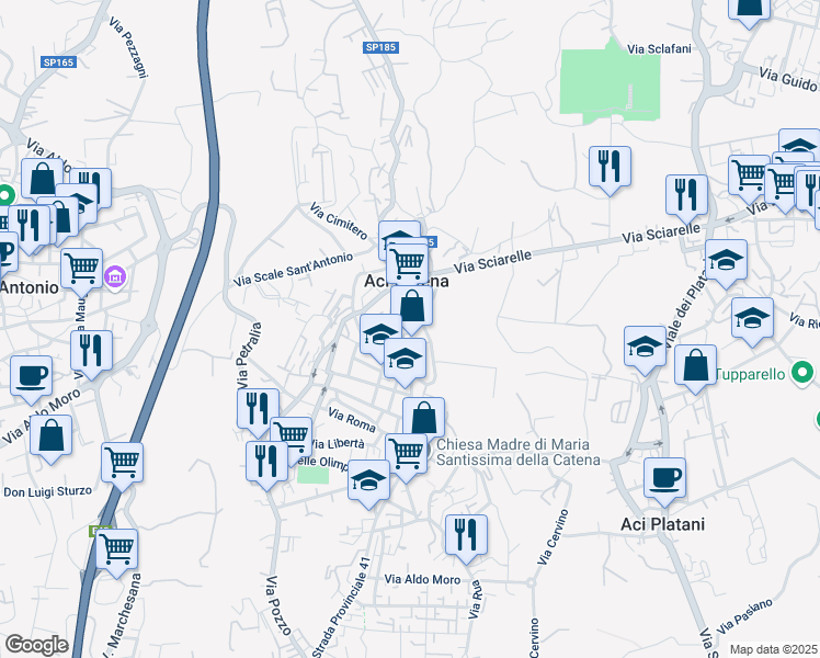 map of restaurants, bars, coffee shops, grocery stores, and more near 117 Via Vittorio Emanuele in Aci Catena