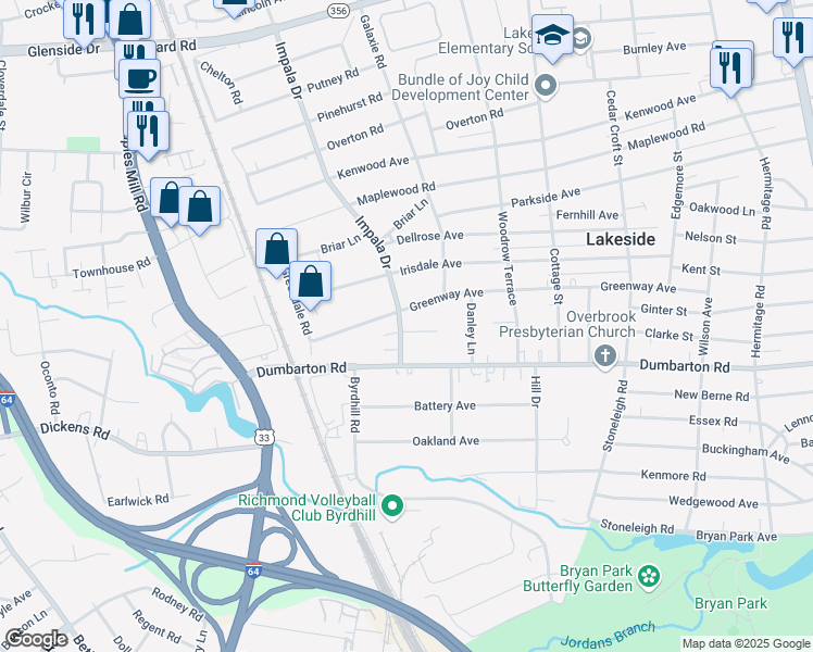 map of restaurants, bars, coffee shops, grocery stores, and more near 2928 Ginter Street in Richmond