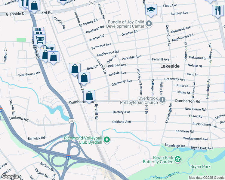 map of restaurants, bars, coffee shops, grocery stores, and more near 2924 Ginter Street in Richmond