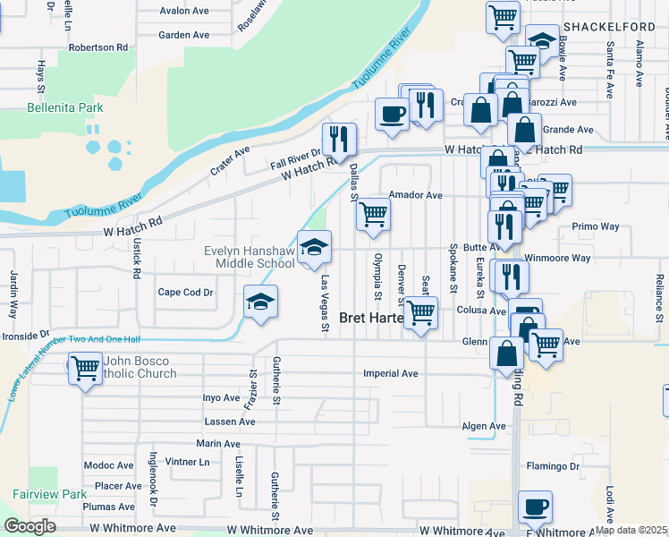 map of restaurants, bars, coffee shops, grocery stores, and more near 1718 Las Vegas Street in Modesto