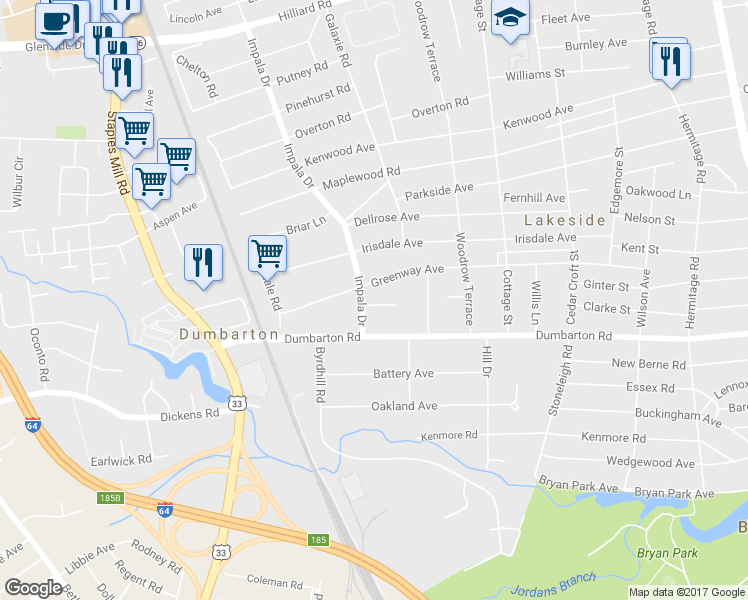 map of restaurants, bars, coffee shops, grocery stores, and more near 2924 Ginter Street in Richmond