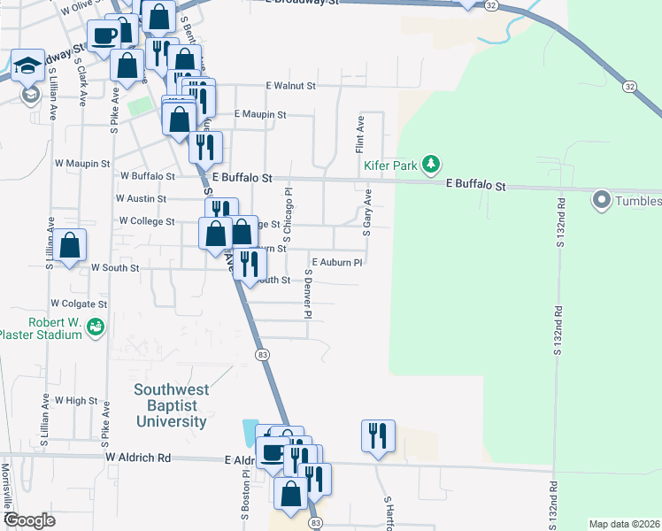 map of restaurants, bars, coffee shops, grocery stores, and more near 1012 E Auburn Pl in Bolivar