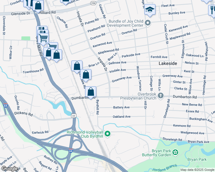 map of restaurants, bars, coffee shops, grocery stores, and more near 2928 Ginter Street in Richmond