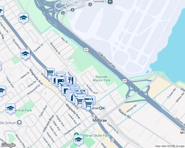map of restaurants, bars, coffee shops, grocery stores, and more near 2 Corte Balboa in Millbrae