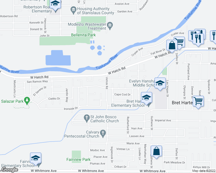 map of restaurants, bars, coffee shops, grocery stores, and more near 1425 Dezzani Lane in Modesto
