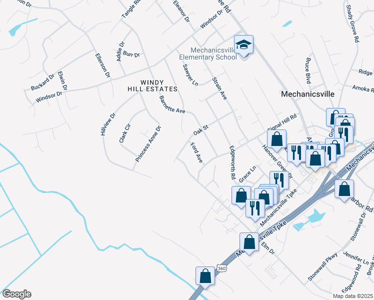 map of restaurants, bars, coffee shops, grocery stores, and more near 5703 Oak Street in Mechanicsville