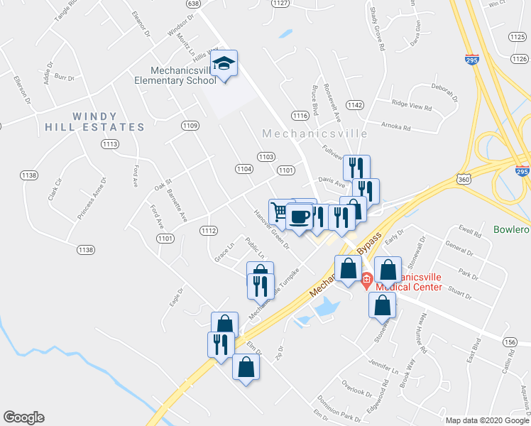 map of restaurants, bars, coffee shops, grocery stores, and more near 7300 Hanover Green Drive in Mechanicsville