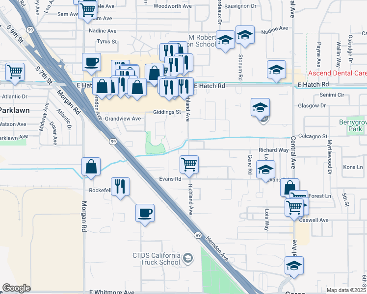 map of restaurants, bars, coffee shops, grocery stores, and more near 1679 Winthrop Lane in Ceres