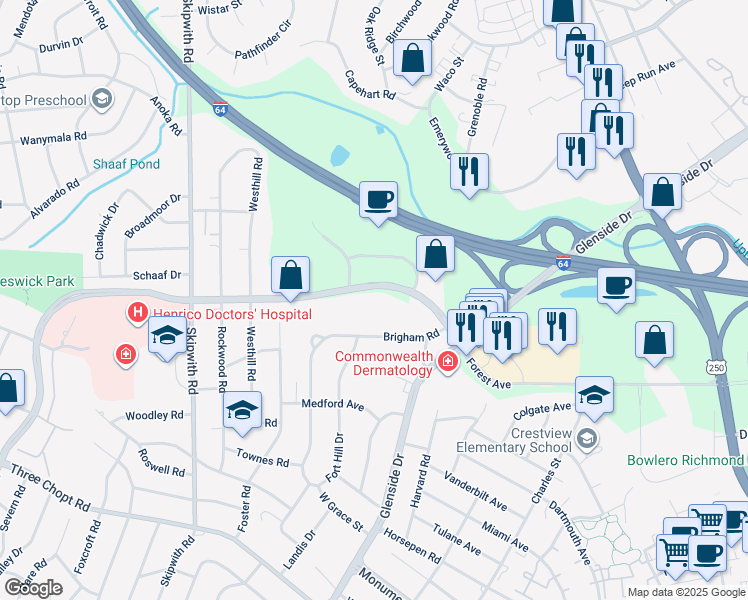 map of restaurants, bars, coffee shops, grocery stores, and more near 7229 Forest Avenue in Richmond