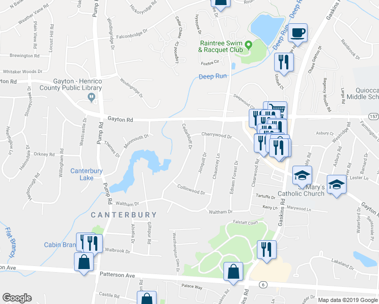map of restaurants, bars, coffee shops, grocery stores, and more near 1512 Cedarbluff Drive in Henrico