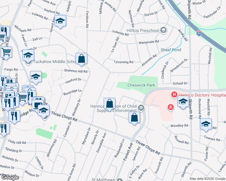 map of restaurants, bars, coffee shops, grocery stores, and more near 1605 Santa Rosa Road in Henrico