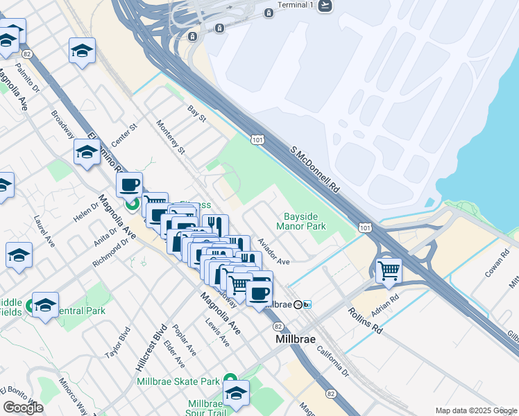 map of restaurants, bars, coffee shops, grocery stores, and more near 422 Nadina Avenue in Millbrae