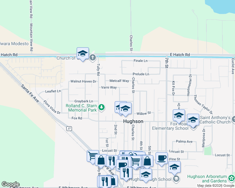 map of restaurants, bars, coffee shops, grocery stores, and more near 1713 Carpathian Way in Hughson