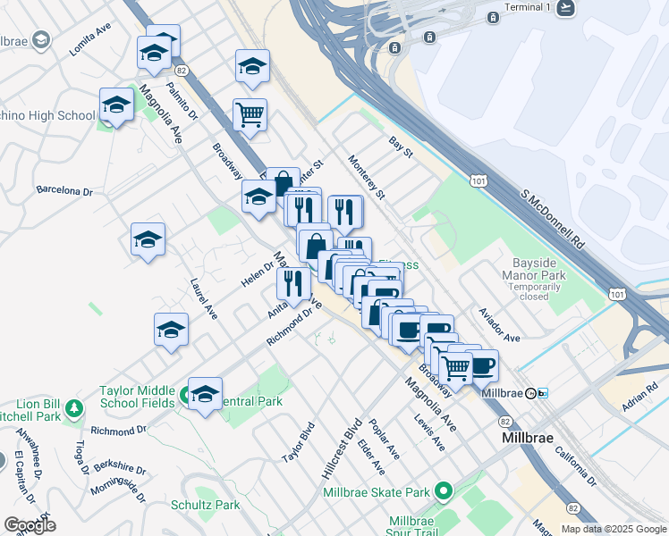 map of restaurants, bars, coffee shops, grocery stores, and more near 985 Broadway in Millbrae