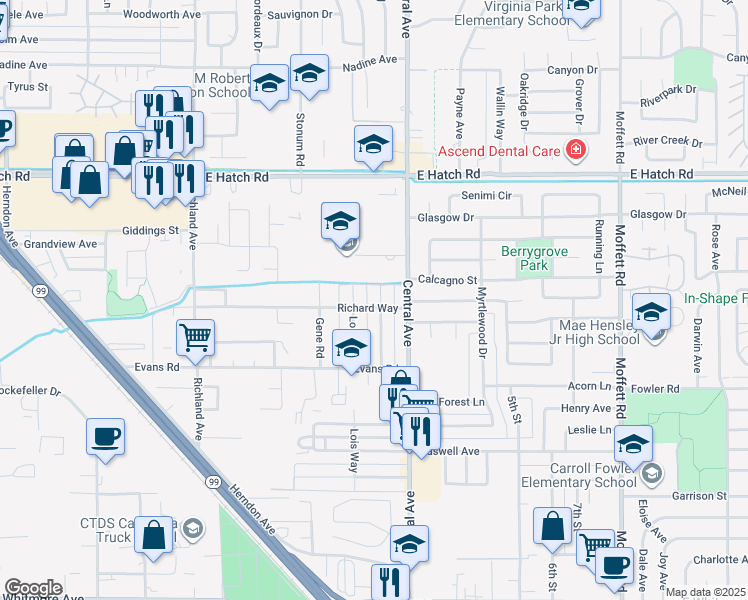 map of restaurants, bars, coffee shops, grocery stores, and more near 1671 Margaret Way in Ceres