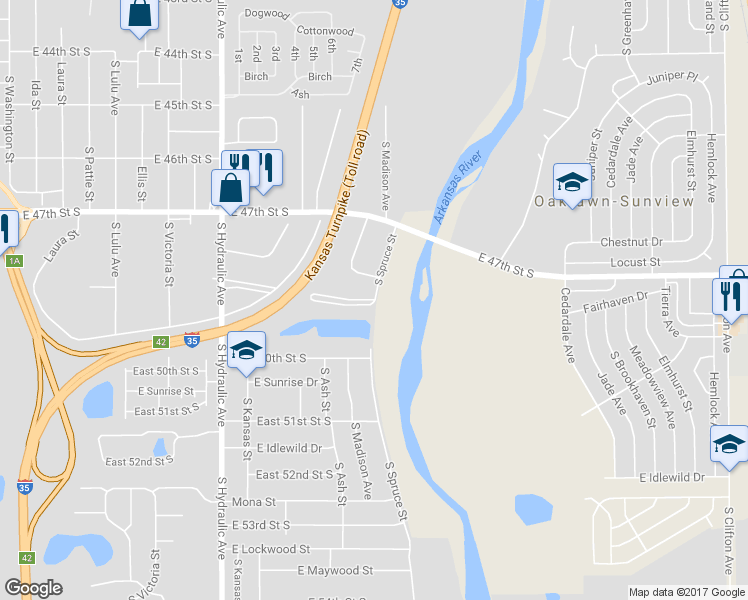 map of restaurants, bars, coffee shops, grocery stores, and more near 3012 East Fairhaven Drive in Wichita
