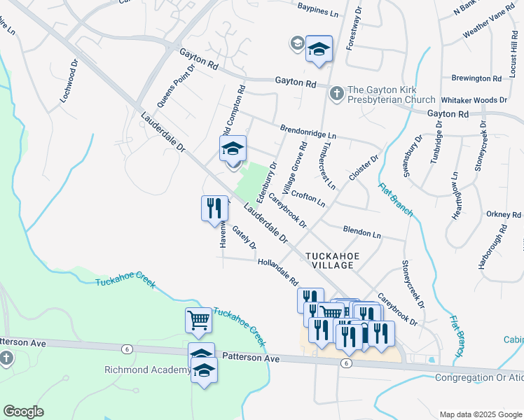 map of restaurants, bars, coffee shops, grocery stores, and more near 1401 Edenburry Drive in Richmond