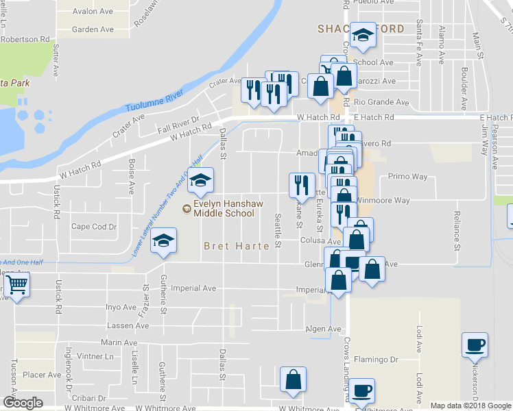 map of restaurants, bars, coffee shops, grocery stores, and more near 1717 Denver Street in Modesto