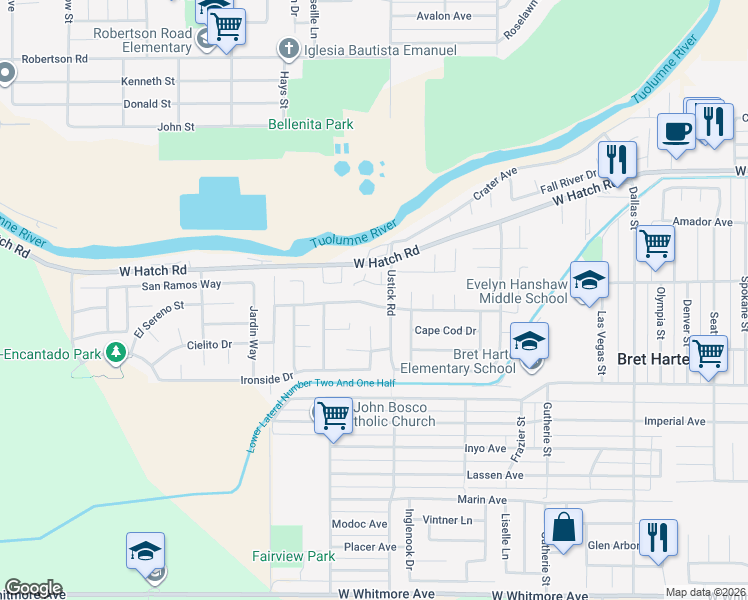 map of restaurants, bars, coffee shops, grocery stores, and more near 1513 Dezzani Lane in Modesto