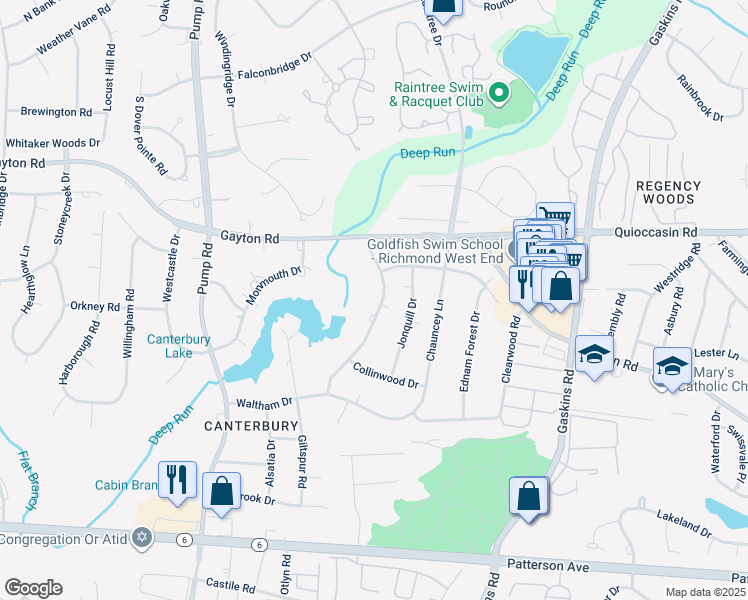 map of restaurants, bars, coffee shops, grocery stores, and more near 1512 Cedarbluff Drive in Henrico