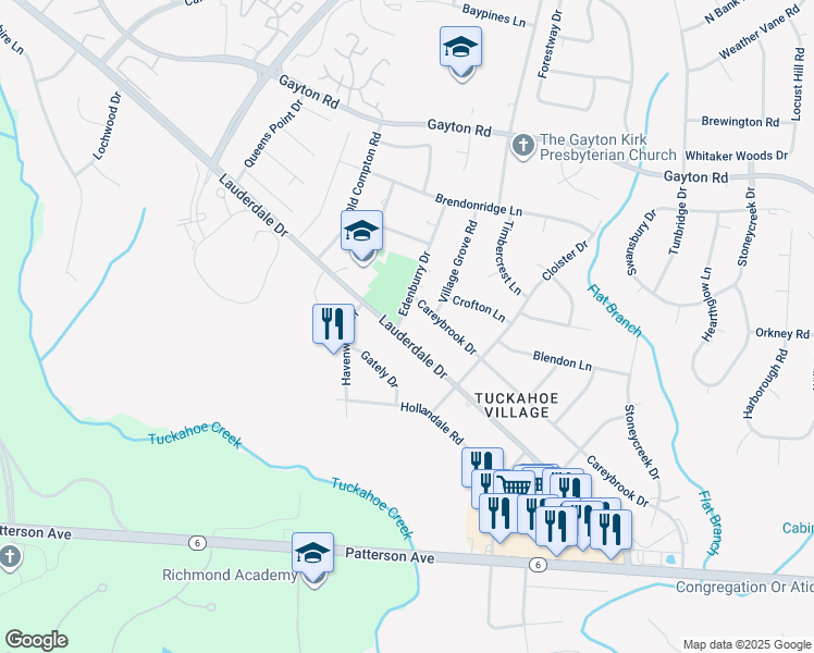 map of restaurants, bars, coffee shops, grocery stores, and more near 1401 Edenburry Drive in Richmond