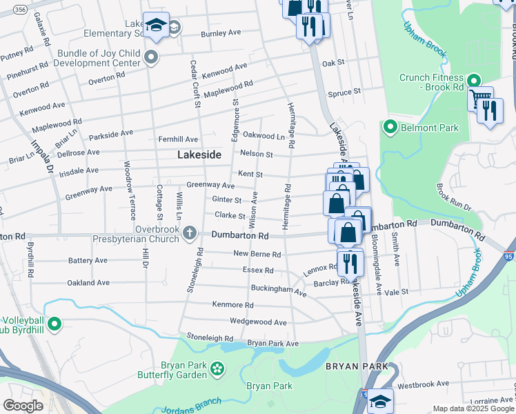 map of restaurants, bars, coffee shops, grocery stores, and more near 2219 Ginter Street in Richmond