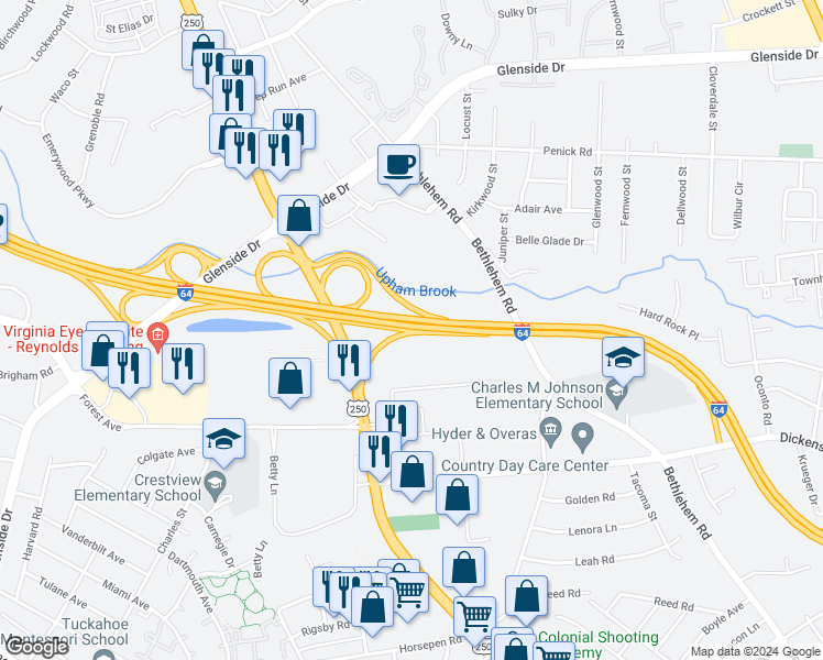 map of restaurants, bars, coffee shops, grocery stores, and more near Glenside Drive in Henrico