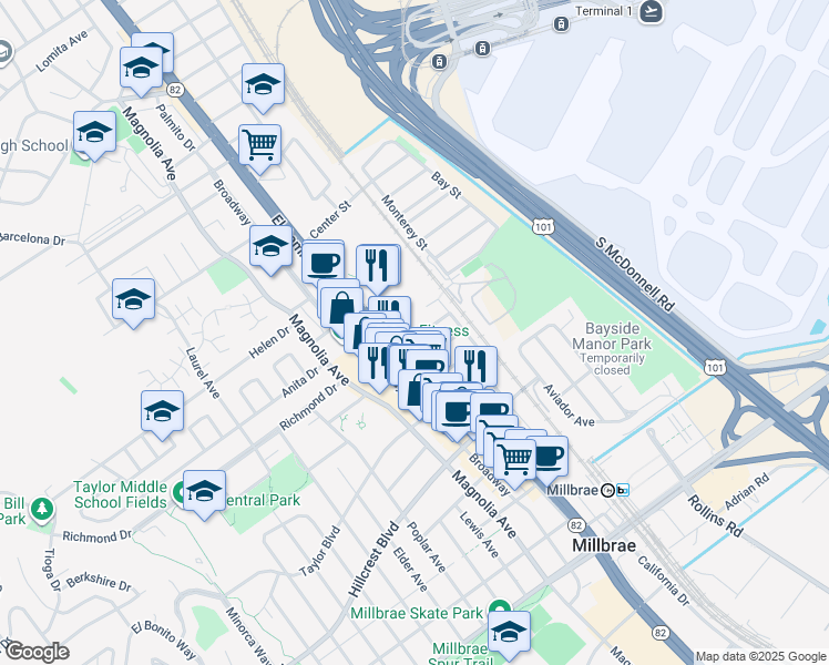 map of restaurants, bars, coffee shops, grocery stores, and more near 15 Mateo Avenue in Millbrae