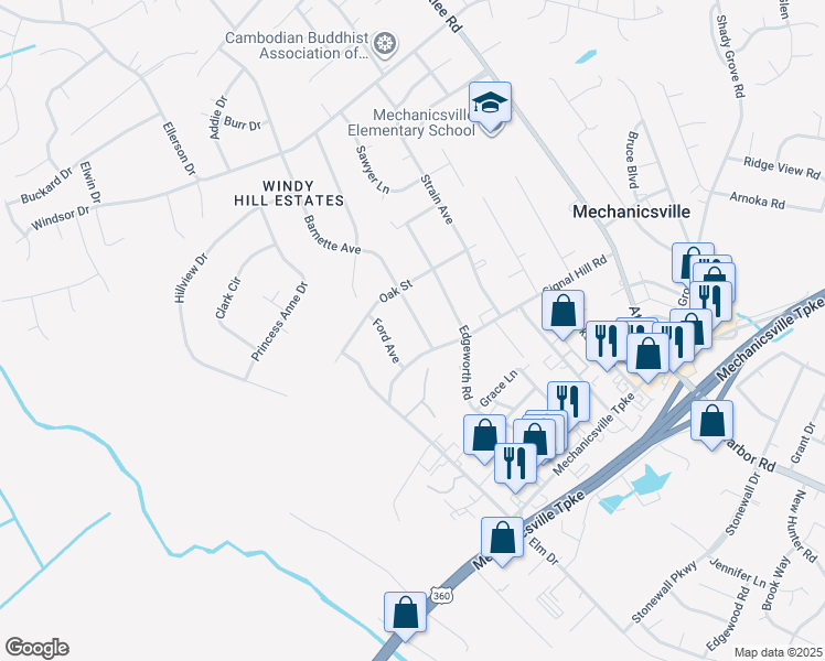 map of restaurants, bars, coffee shops, grocery stores, and more near 7291 Barnette Avenue in Mechanicsville