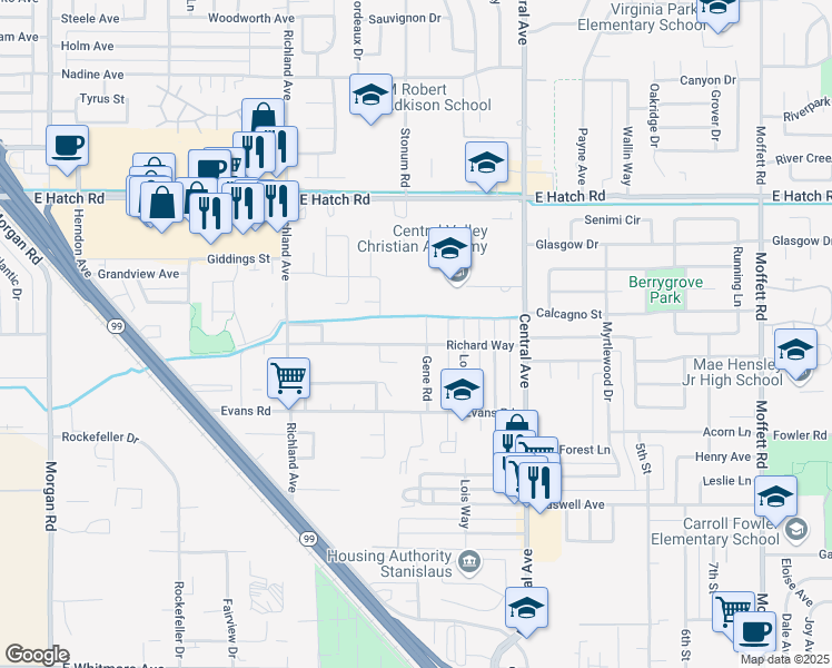 map of restaurants, bars, coffee shops, grocery stores, and more near 1667 Gene Rd in Ceres