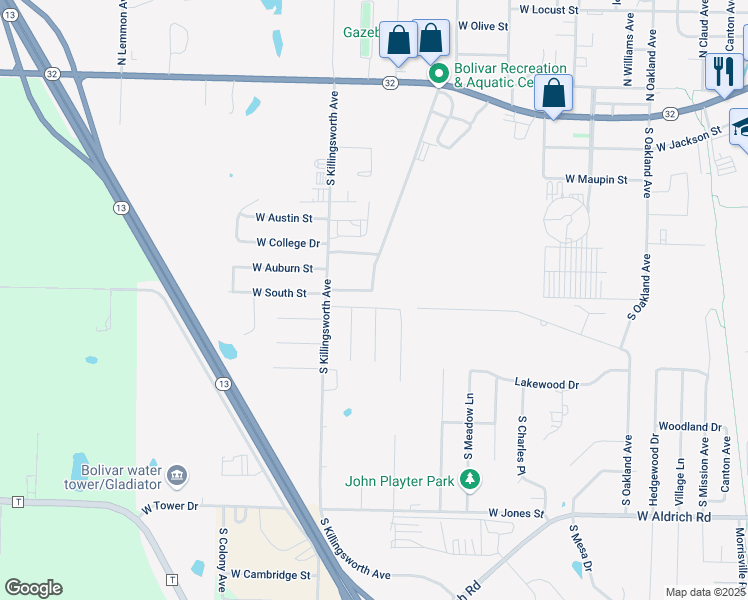 map of restaurants, bars, coffee shops, grocery stores, and more near 2011 West Northwood Street in Bolivar