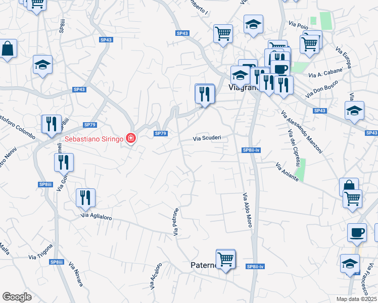 map of restaurants, bars, coffee shops, grocery stores, and more near 5 Via Manganelli in Viagrande