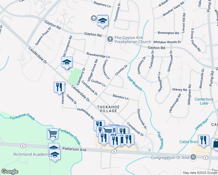 map of restaurants, bars, coffee shops, grocery stores, and more near 11421 Homestead Lane in Richmond