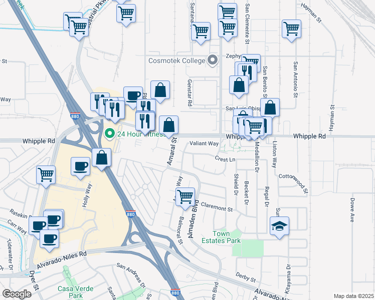 map of restaurants, bars, coffee shops, grocery stores, and more near 32226 Crest Lane in Union City