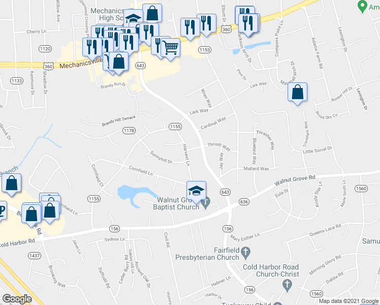 map of restaurants, bars, coffee shops, grocery stores, and more near 7294 Harvest Lane in Mechanicsville