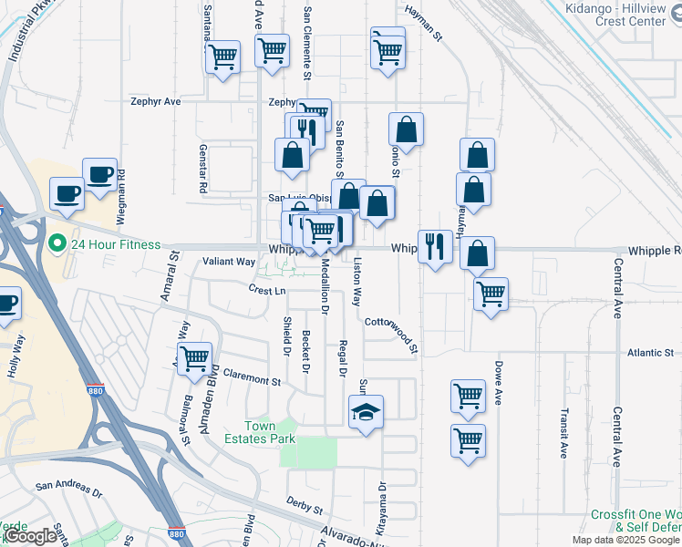 map of restaurants, bars, coffee shops, grocery stores, and more near 34 Liston Way in Union City