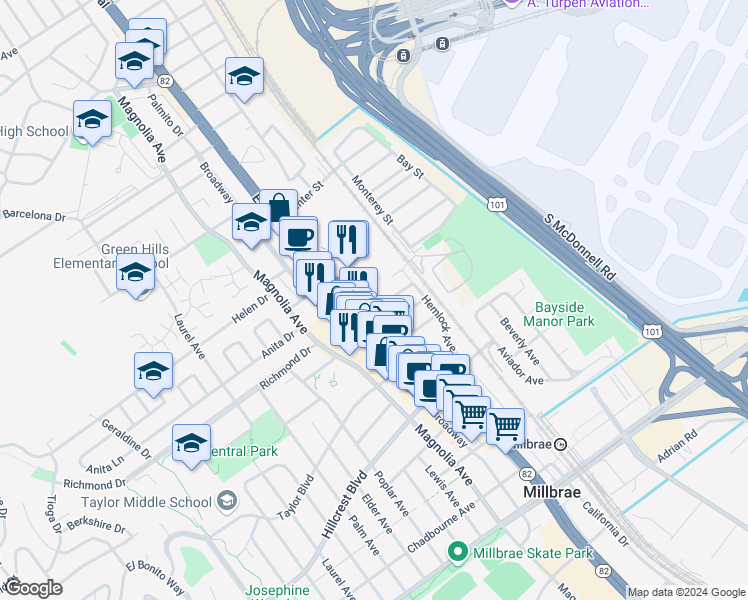 map of restaurants, bars, coffee shops, grocery stores, and more near 850 California 82 in Millbrae