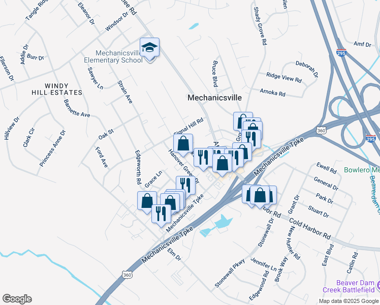 map of restaurants, bars, coffee shops, grocery stores, and more near 7300 Hanover Green Drive in Mechanicsville