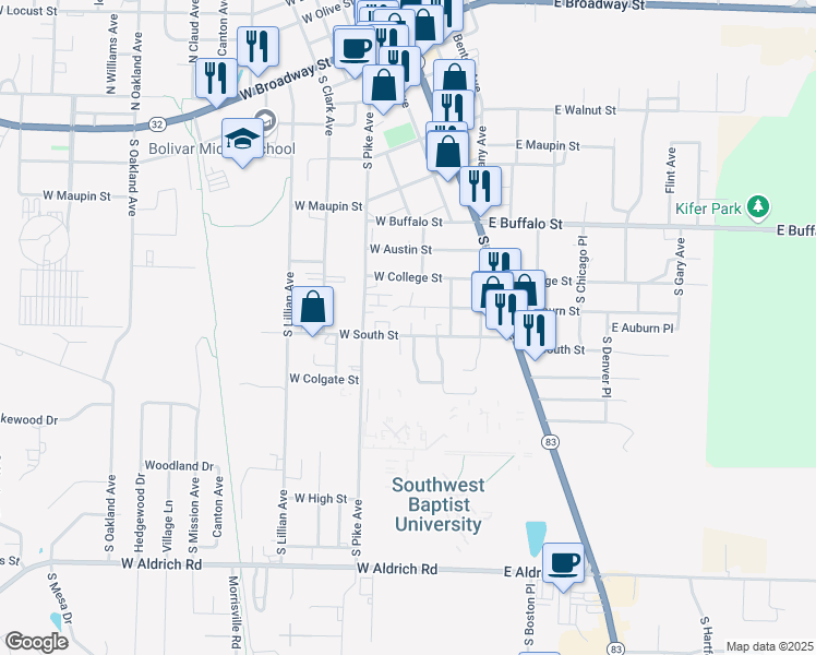 map of restaurants, bars, coffee shops, grocery stores, and more near 215 West South Street in Bolivar