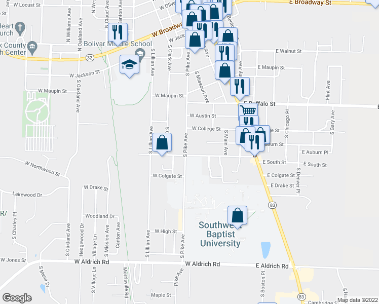 map of restaurants, bars, coffee shops, grocery stores, and more near 921 South Pike Avenue in Bolivar